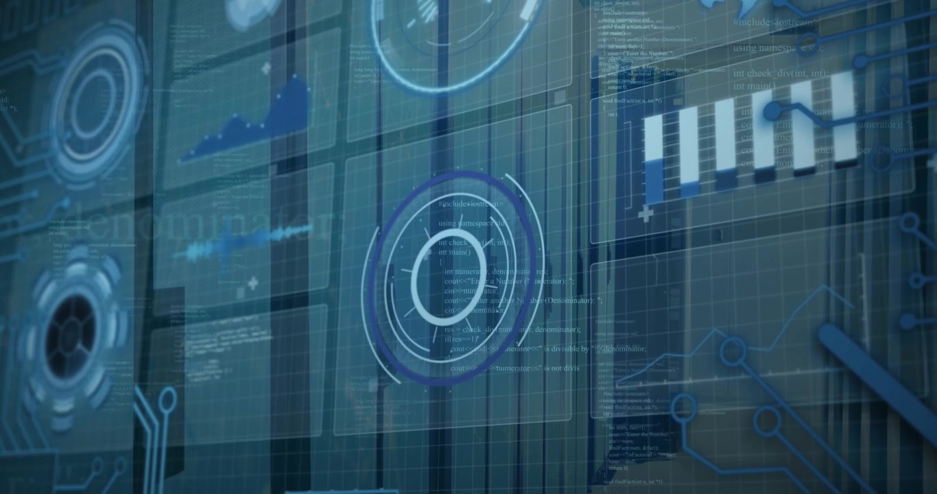 Animation of digital interface with data processing against computer server room