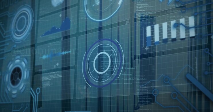 Animation of digital interface with data processing against computer server room