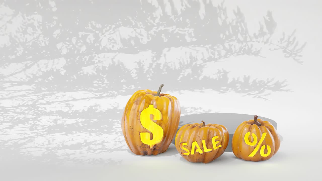 fondo de pantalla de venta de halloween, banner fresco para las ventas de vacaciones de halloween de octubre, ventas de calabaza tallada visual, fondo gris con sombra de árbol, signo de dólar, porcentaje de venta, renderizado de animación 3d