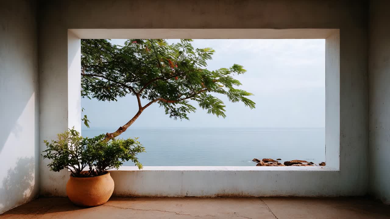 Tranquil Coastal Scene Through a Framed Window Showcasing Lush Tree and Peaceful Ocean View in a Modern Architectural Setting