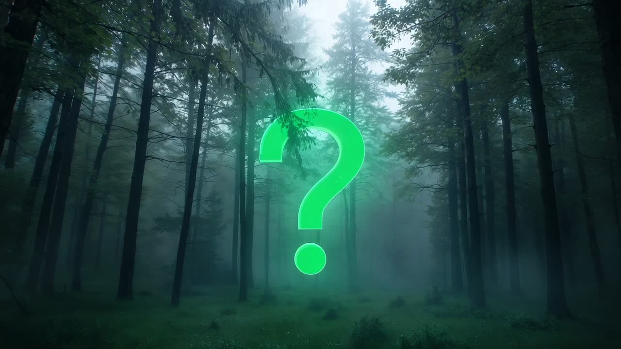 Hovering glowing green question mark remaining static in misty pine forest, suggesting mystery