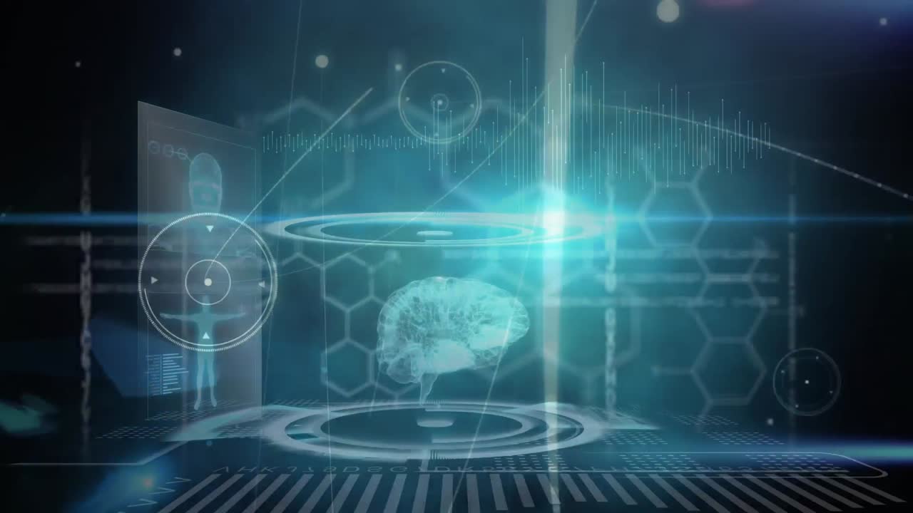 Network of connections over digital interface with medical data processing against blue background