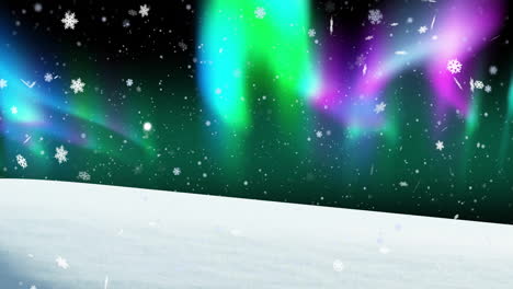animation of snow falling and aurora borealis in christmas winter scenery background