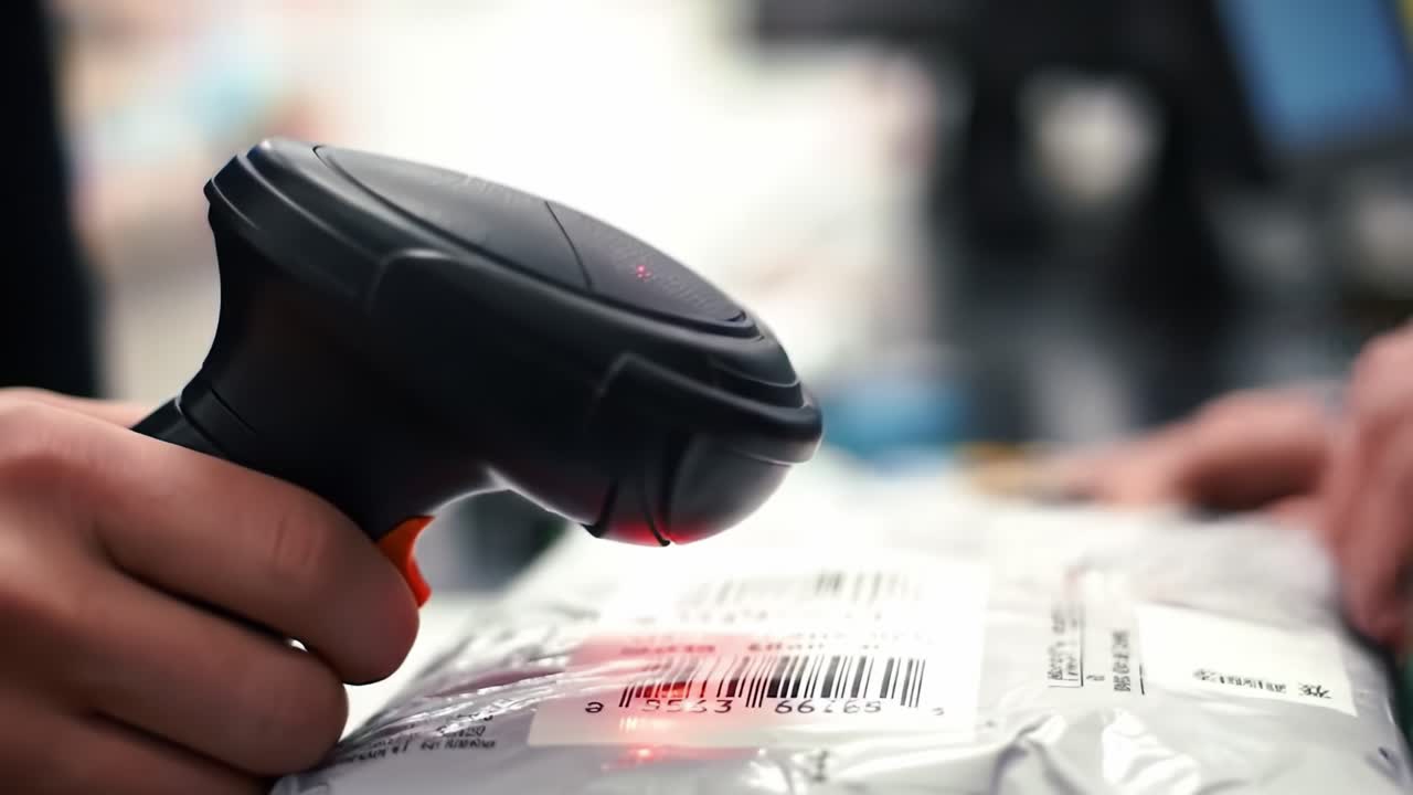 A close-up view of a barcode scanner in action, highlighting the process of scanning a package for inventory and tracking purposes in a retail or shipping environment.