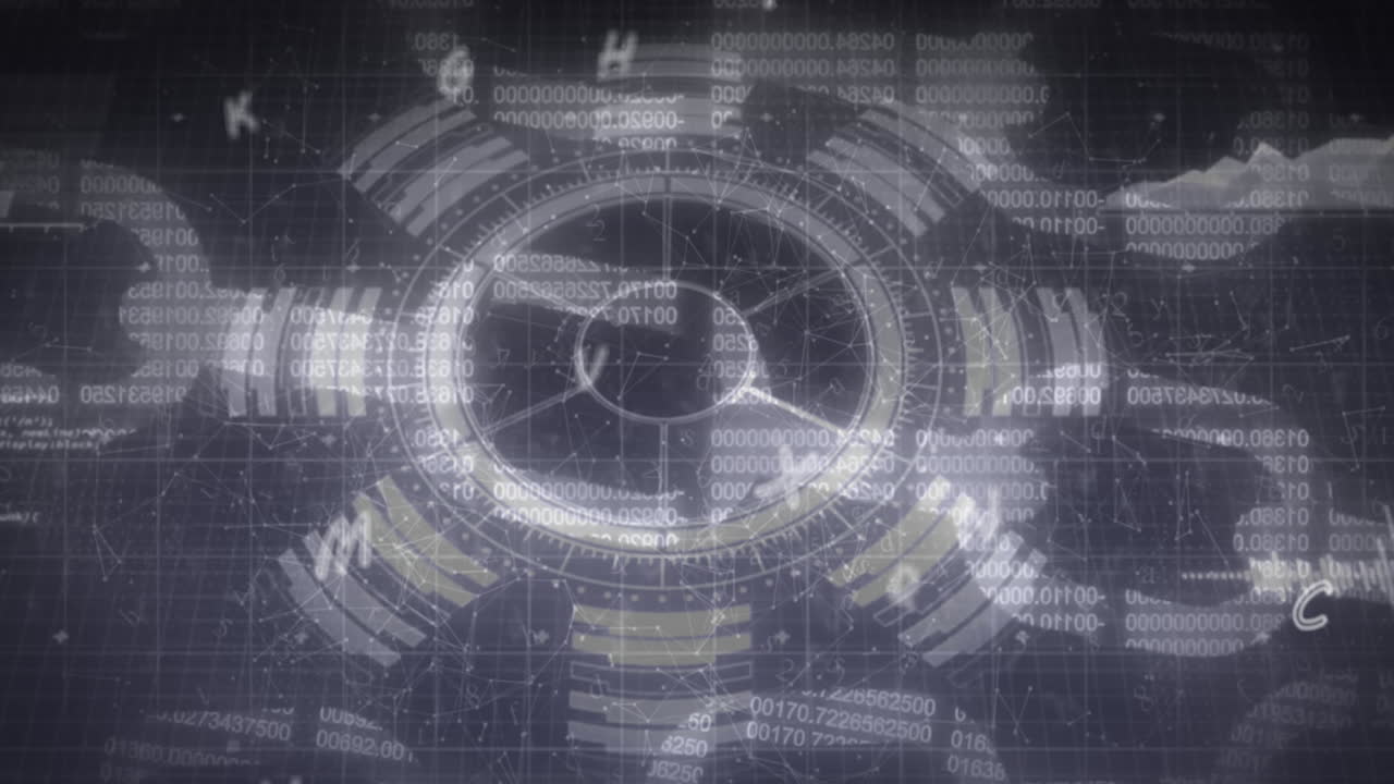 검은색 배경에 과학 데이터 처리에 대한 떠다니는 글자의 애니메이션