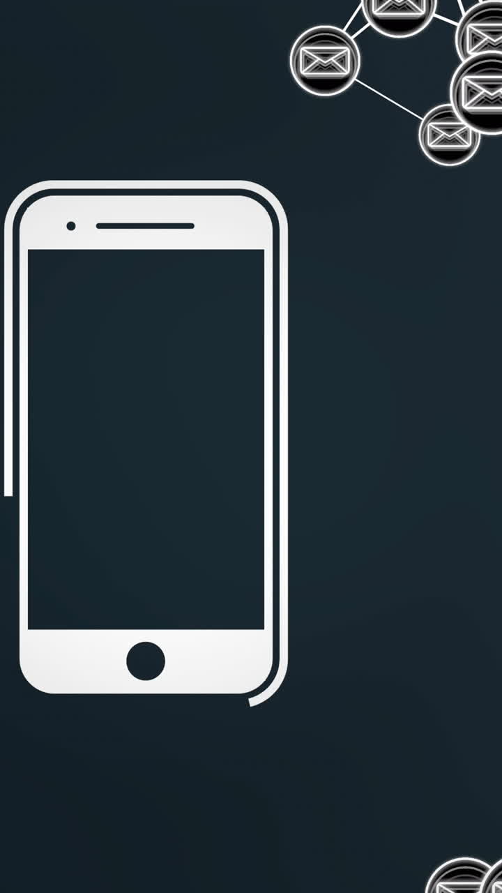 Animazione di smartphone e connessioni email su sfondo nero