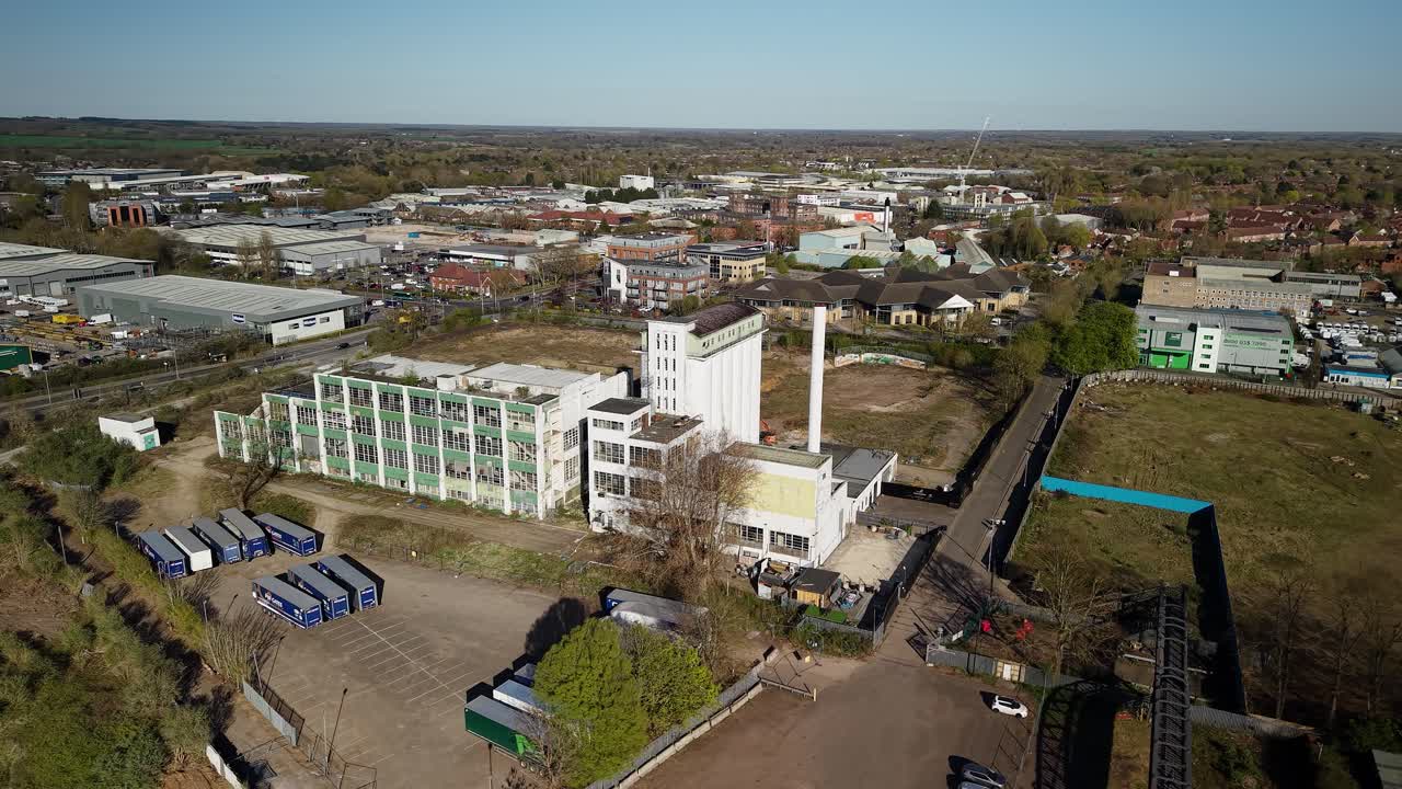 Wheat quarter regeneration aerial view circling vacant site offices and boiler house land renovation