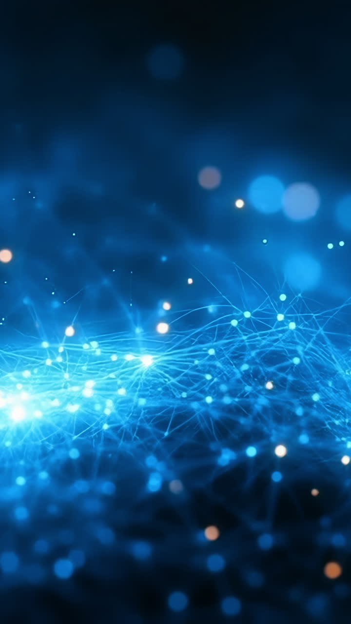 Digital network stream in blue tones. Bright blue lines form a flowing digital network on a dark background, evoking motion and connectivity.