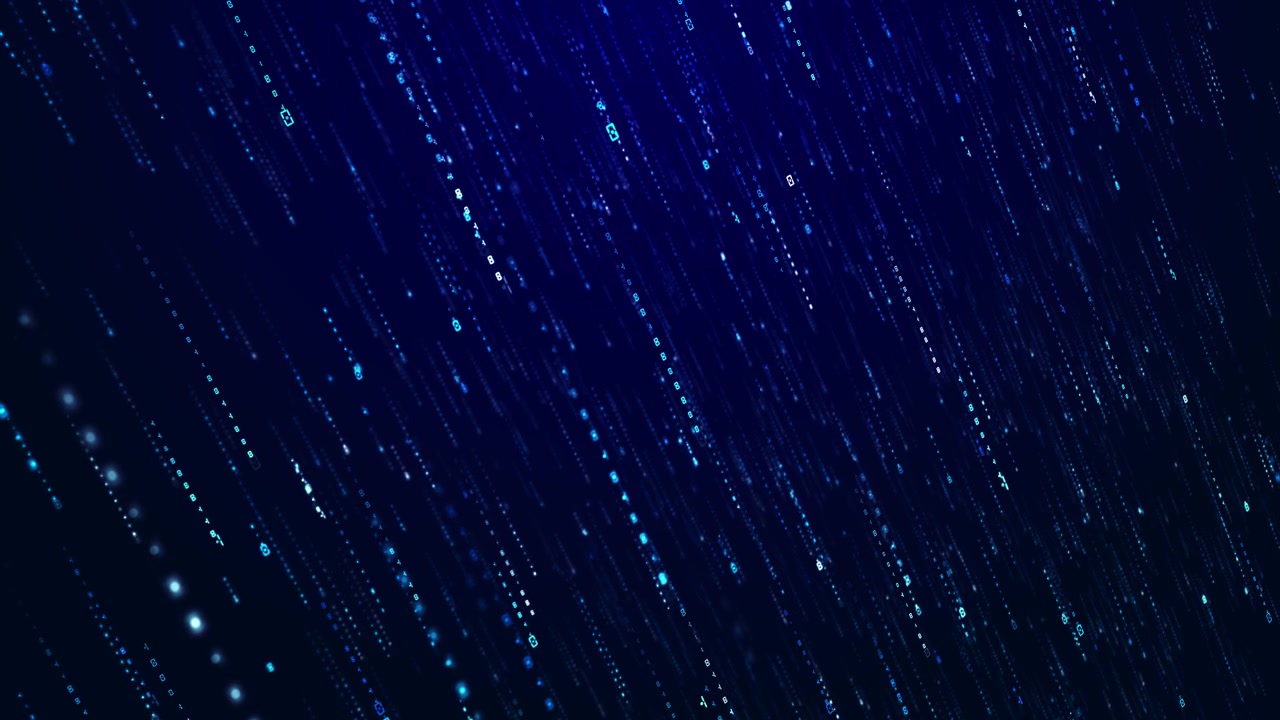 Falling blue binary stream visual slanted lines luminous code particles dark technology atmosphere