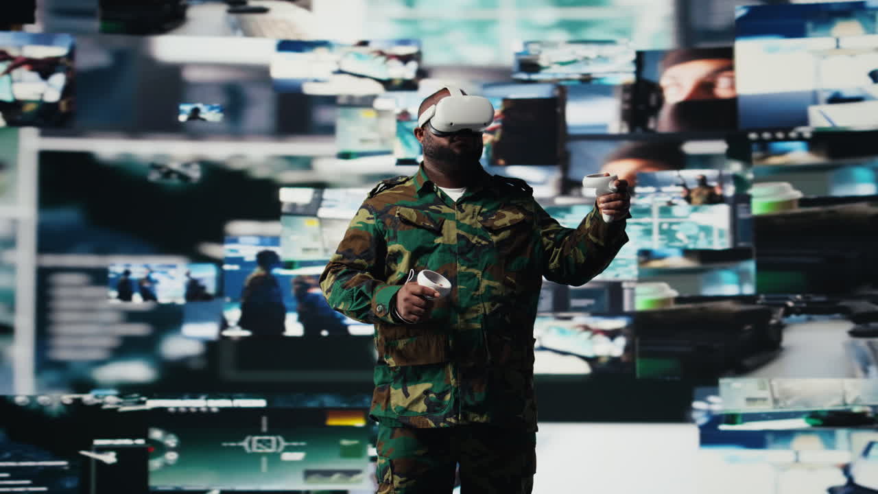African american soldier uses virtual reality headset to monitor surveillance