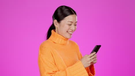 laughing, phone typing and asian woman isolated