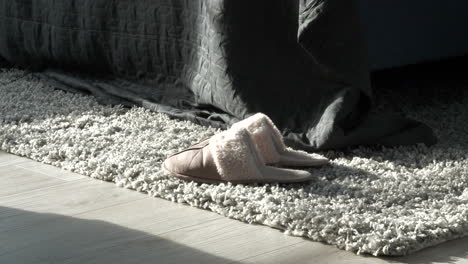 panning shot of fluffy slippers on bedroom floor rug