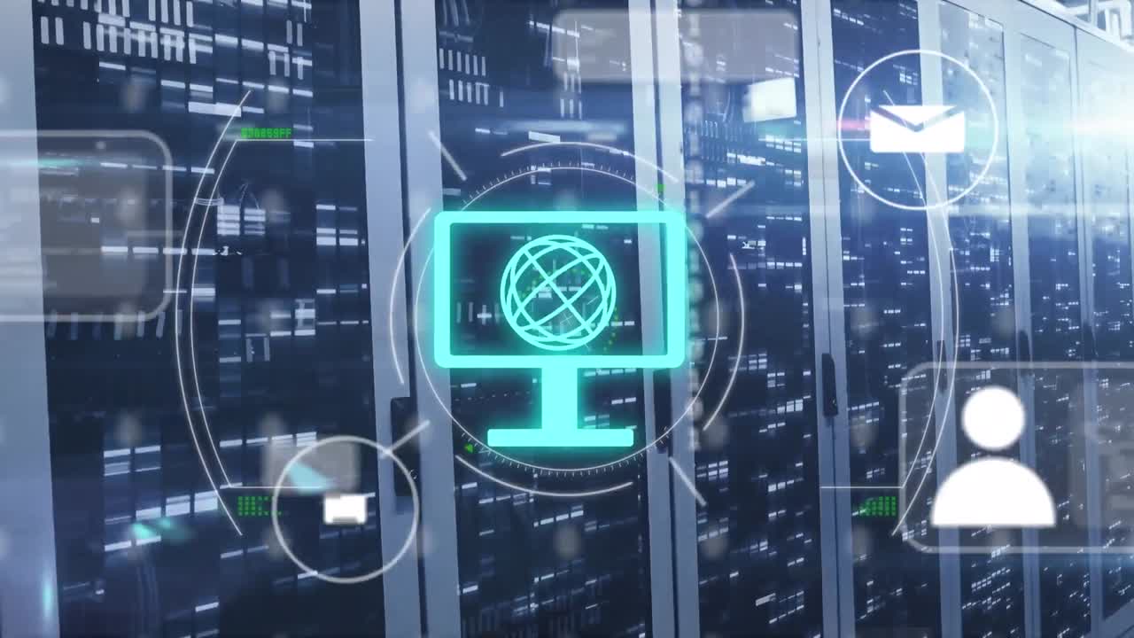 animación del globo con iconos y procesamiento de datos a través de servidores informáticos.