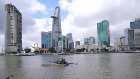 skyscrapers along river with architecture office towers, hotels