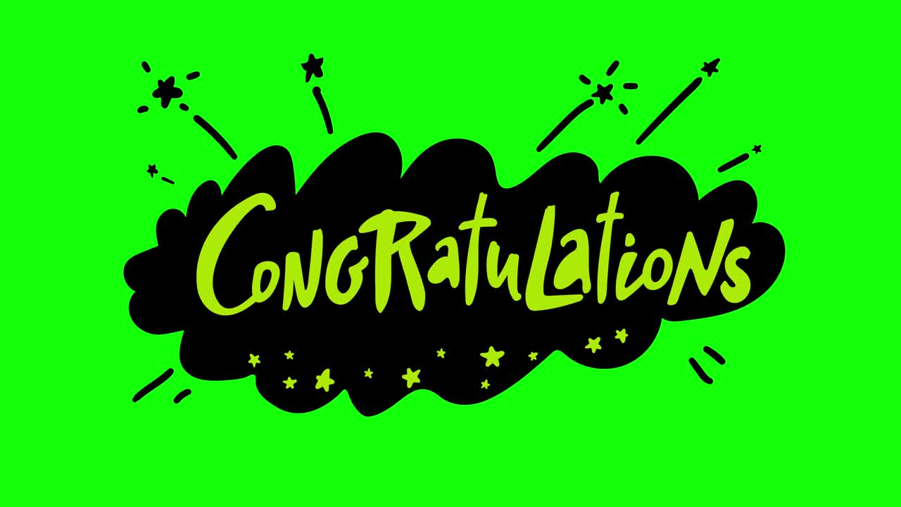 Sfondo animato 4K - scritta CONGRATULAZIONI. Parola animata disegnata a mano su schermo verde su sfondo nero. Biglietto d'auguri, Celebrazione, Invito a festa, calendario, Regalo, Eventi, Festività, Festival degli auguri
