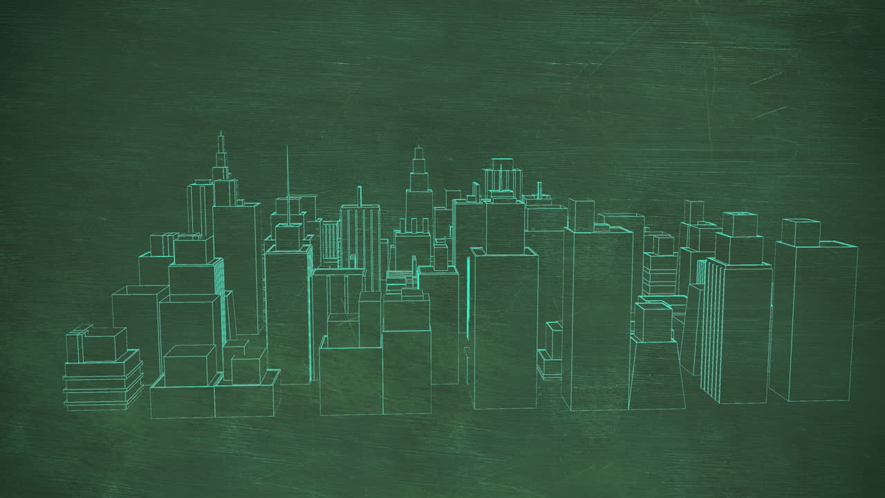 animación de modelo 3d giratorio de edificios modernos contra un fondo abstracto