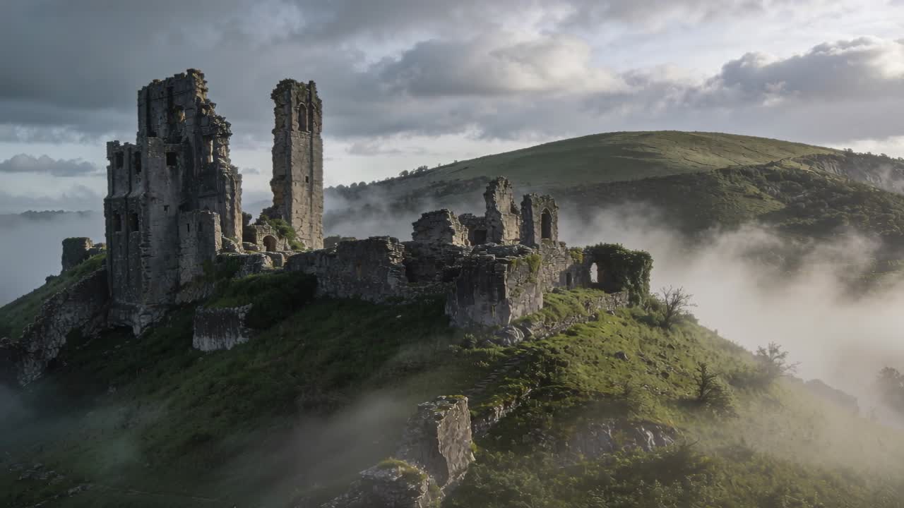 Telecamera drone che sorvola una collina nebbiosa, rivelando le torri di un castello in rovina per il marketing turistico.