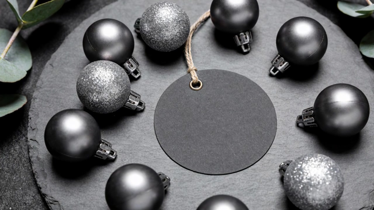 Starting cam recording, capturing slate on dark table, with blank black tag and baubles for decor