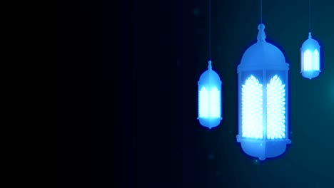 glowing celebration lantern hanging from ceiling on dark background. ramadan kareem islamic motion background. 3d loopable animation.