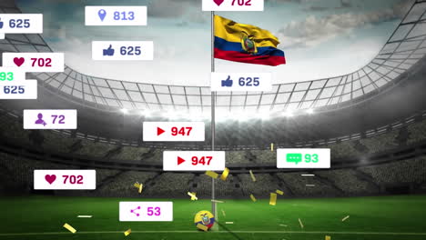 animación de iconos de las redes sociales y confeti cayendo sobre la bandera de texas contra el estadio deportivo