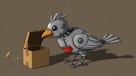 a robotic bird curiously inspects an open box, blending whimsy and technology in a whimsical animated scene showcasing innovation and creativity