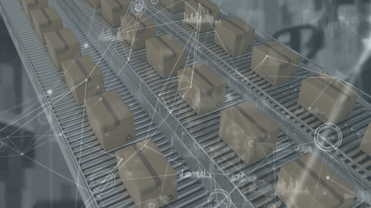 Animation of network of connections with statistics over cardboard boxes on conveyor belts