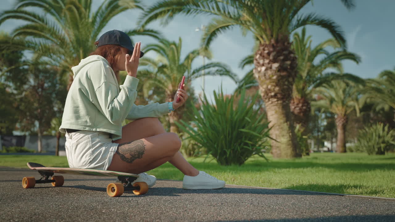 Ung kvinna som har ett videosamtal på en skateboard i en park.