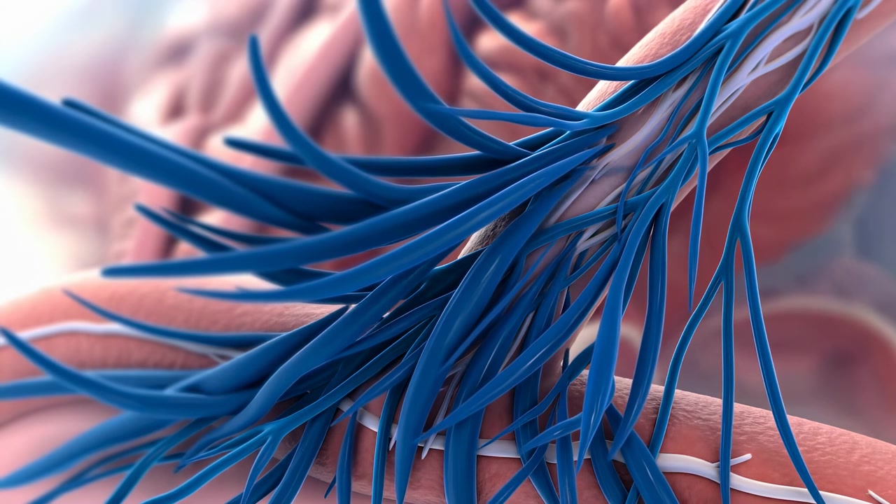 Dense blue strands slowly sweep across textured pink curved structures while white fibers remain visible between layers, forming intricate close-up detail with soft focus and gradual lateral movement.