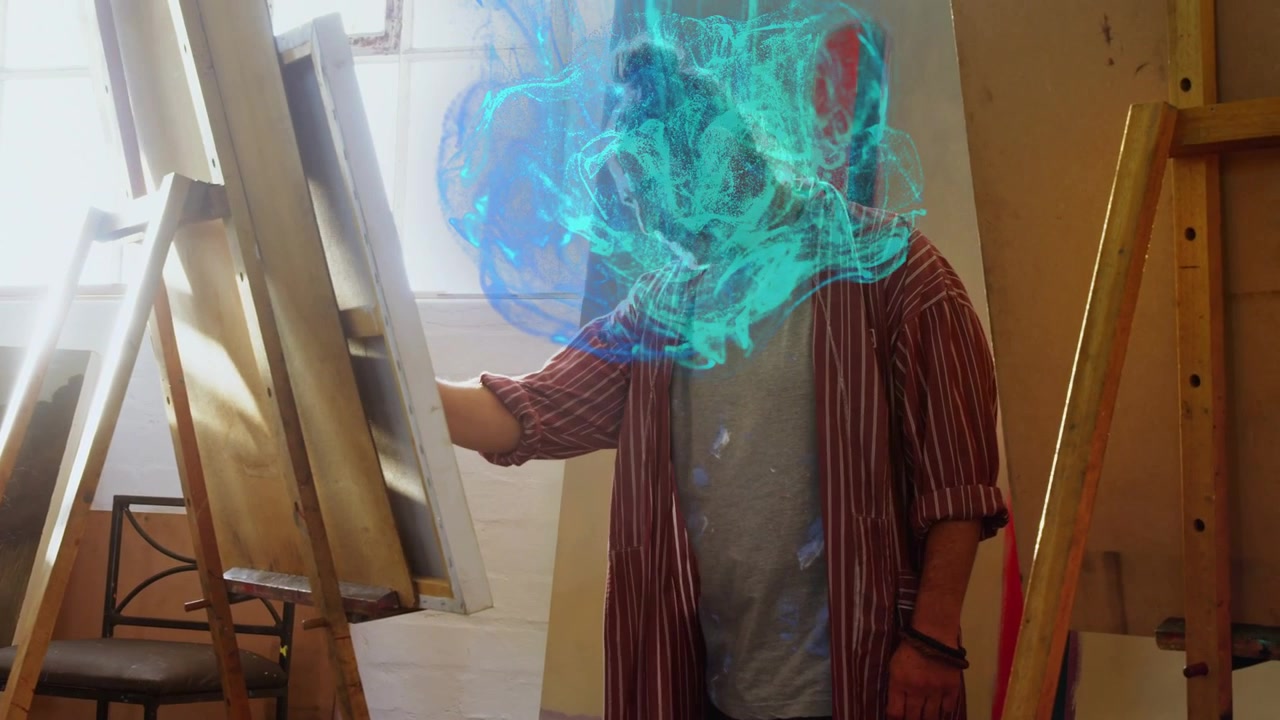 Mandlig kunstner ved staffeli justerer kunstværk, hvilket får en cyan sky til at stige og drive, der reagerer på berøring og stabiliserer sig.