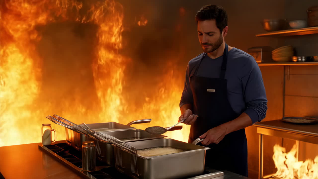 Chef Deep Frying Food in a Fiery Kitchen