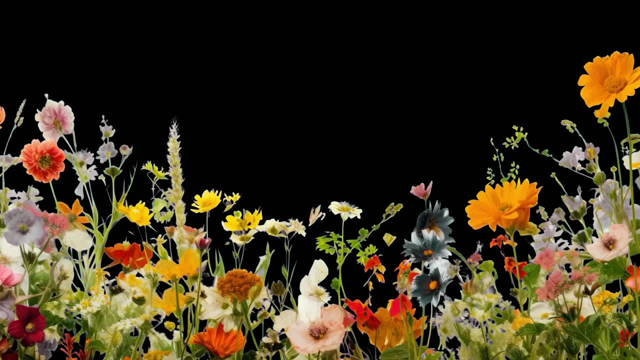 Vibrant floral border design animated overlay, transparent 4K video, alpha channel, ProRes 4444