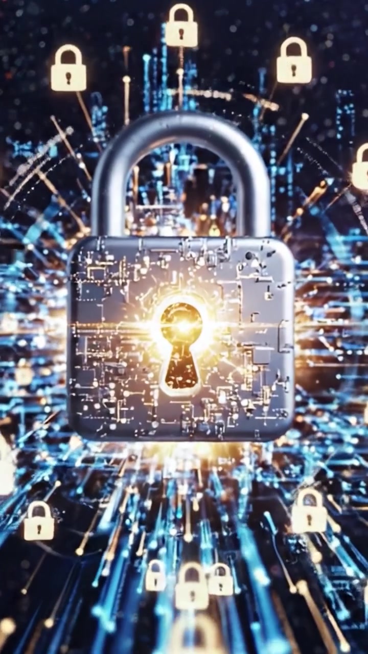 Futuristic Digital Lock and Encrypted Data Flow Representing the Intersection of Cybersecurity and Advanced Technology in a High-Tech Environment