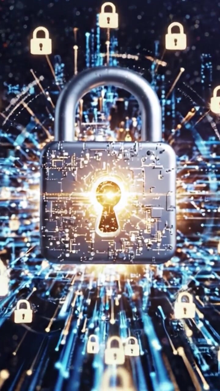 Futuristic Digital Lock and Encrypted Data Flow Representing the Intersection of Cybersecurity and Advanced Technology in a High-Tech Environment