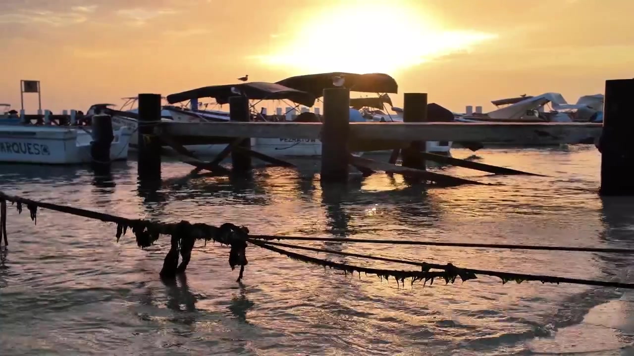Weathered wooden pier structure sits on thick pilings driven into the water with Several motorboats docked alongside, warm orange and yellow glow across the sky and reflecting on surface water