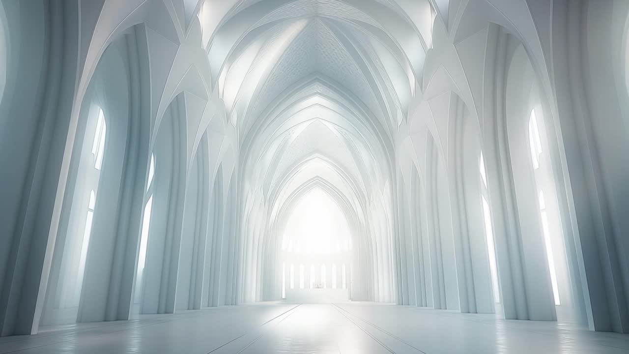 A bright white cathedral interior with arches and vaulted ceilings