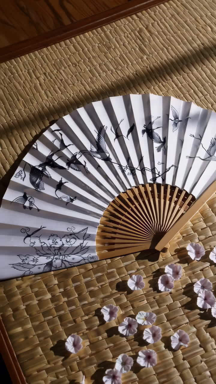 Japanese Fan and Cherry Blossoms on Tatami Mat