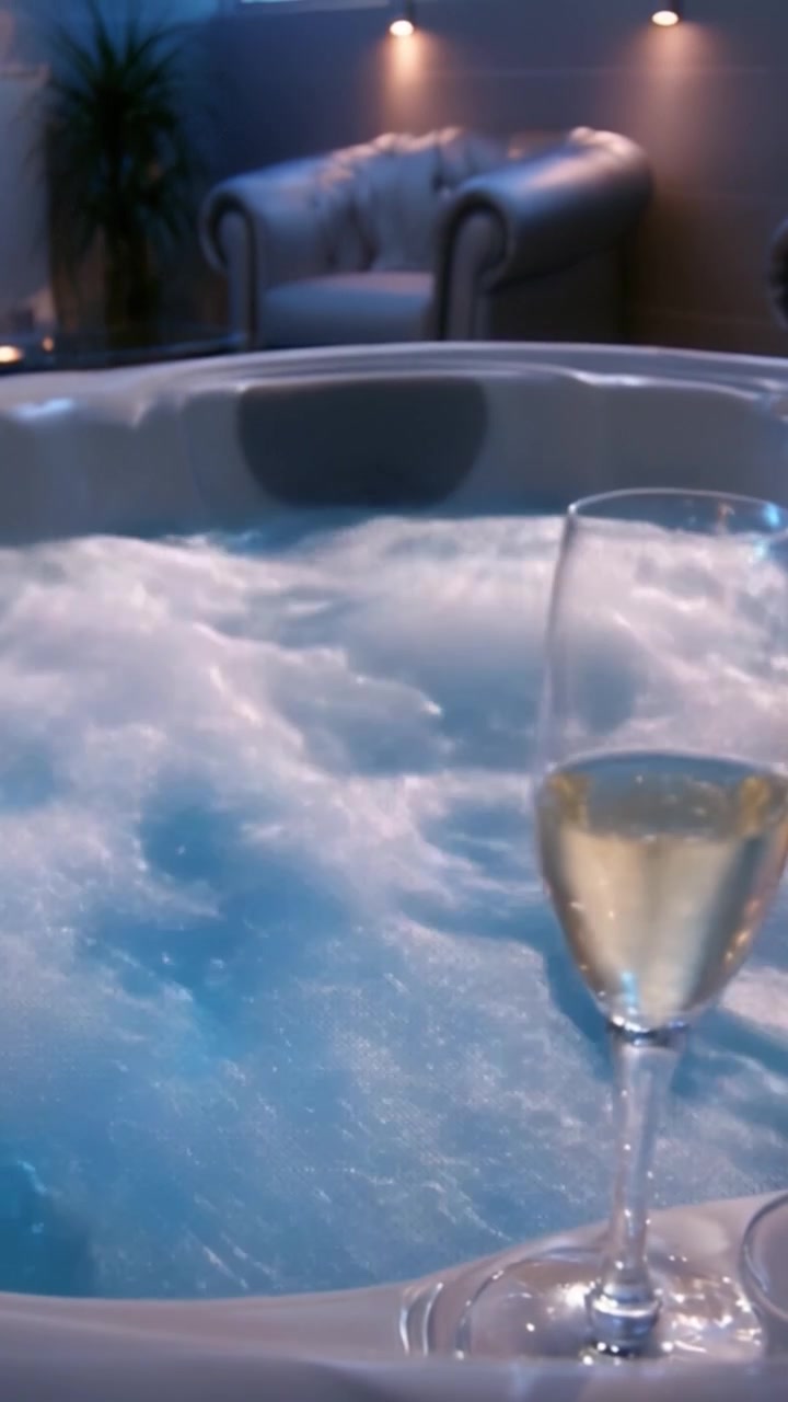 Rilassamento lussuoso: concediti la serenità di una vasca idromassaggio piena di bolle con champagne, perfetta per giornate spa e serate romantiche a casa.