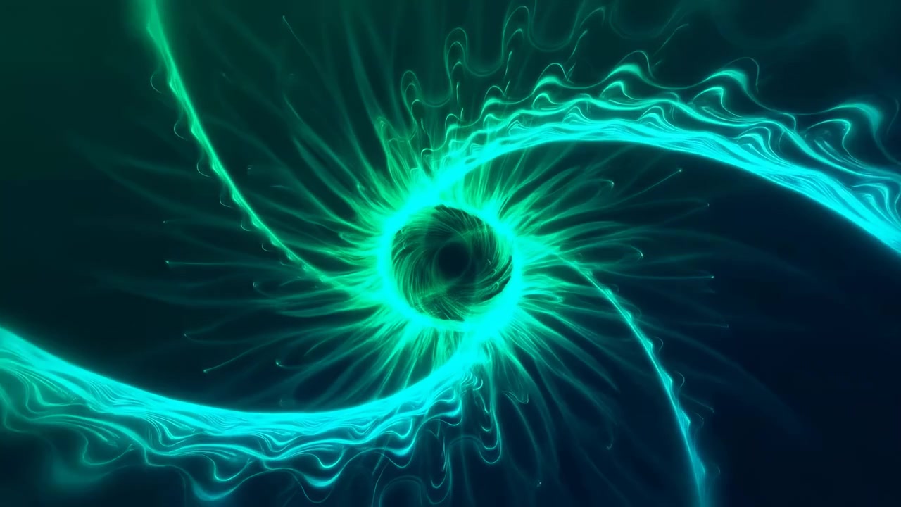 Luminous teal and aqua tendrils spiral outward from dark circular core, creating interlacing ribbon arms, fine glowing filaments, radial balance, soft haze, dramatic futuristic abstract scene