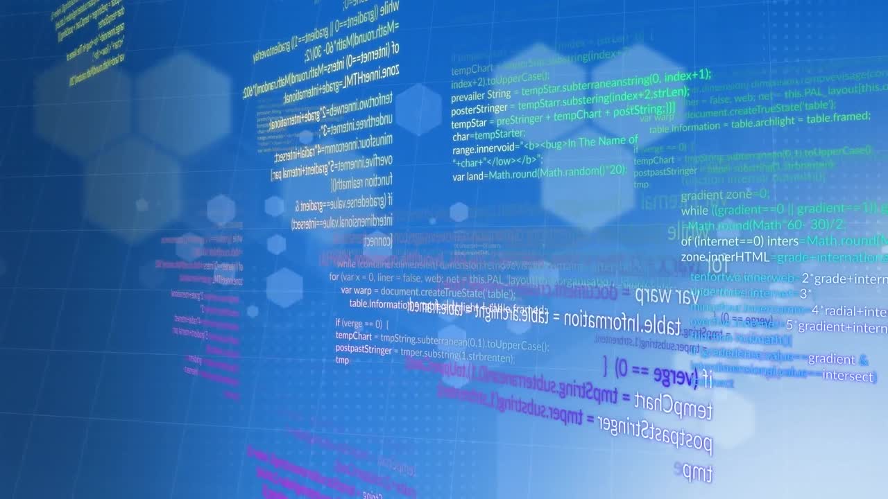 파란색 그라디언트 배경에 대한 데이터 처리 및 육각형 모양의 애니메이션