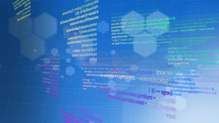 Анимация обработки данных и шестиугольных фигур на синем градиентном фоне