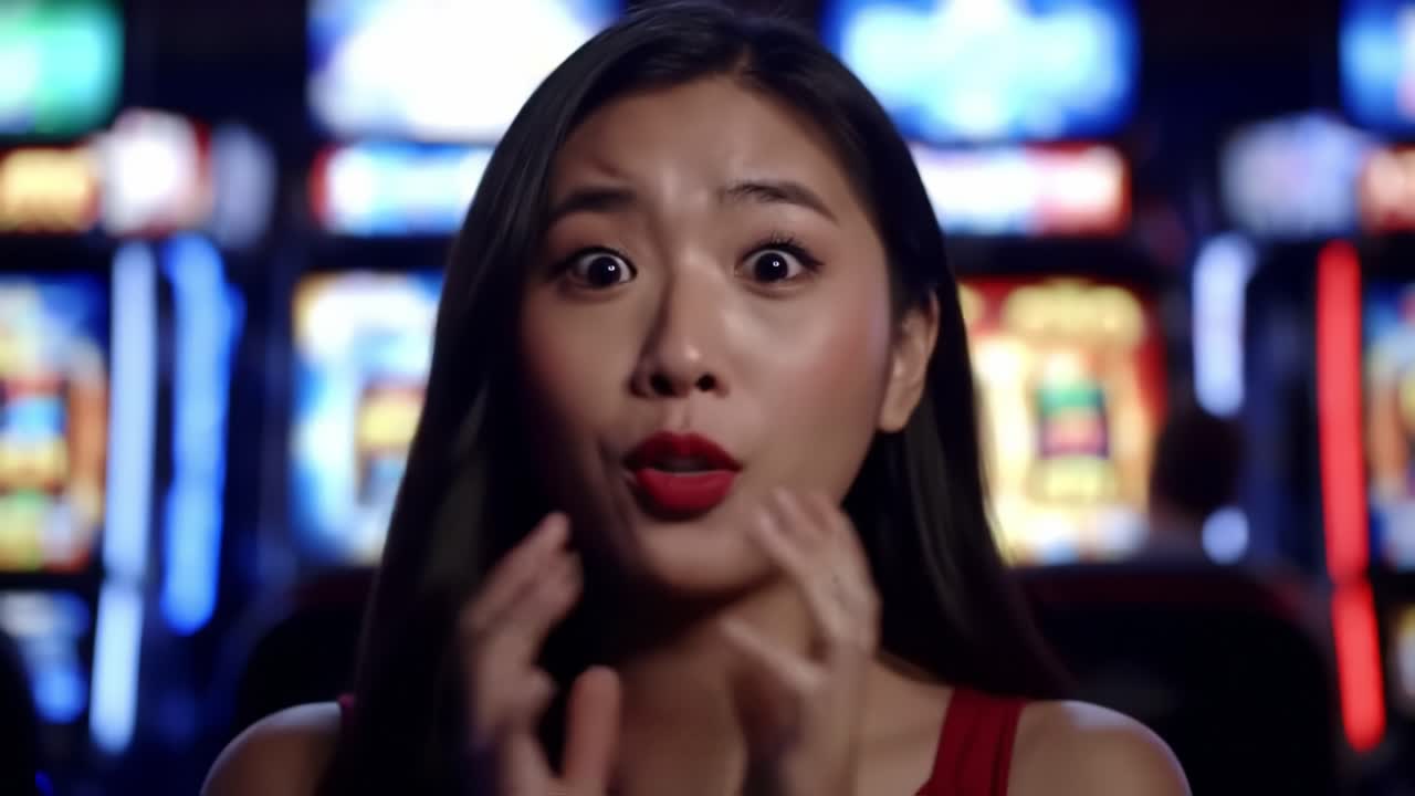Astonished Woman Expresses Surprise and Excitement in a Casino Setting Surrounded by Colorful Slot Machines and Vibrant Lighting