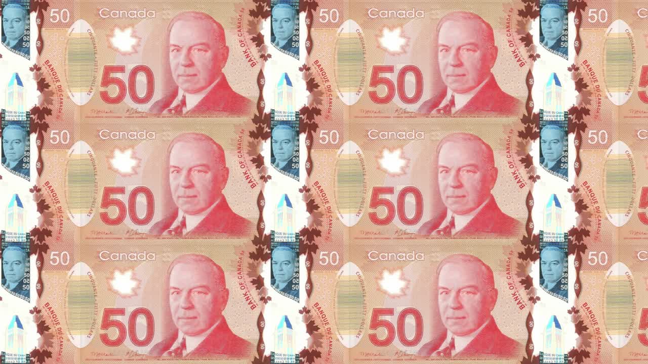 50 캐나다 달러 지폐가 스크린에 굴러, 현금, 루프