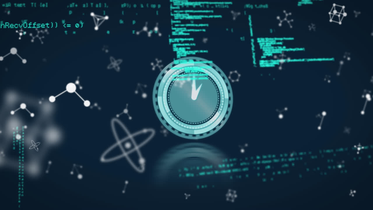 파란색 배경에 데이터 처리 위로 이동하는 시계의 애니메이션