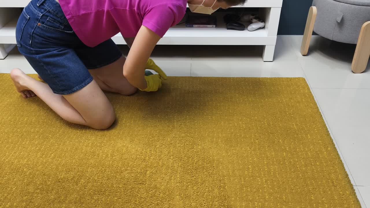 Woman cleaning carpet with sponge and gloves