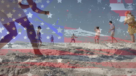 animation of american flag and texture over happy diverse friends playing football on sunny beach