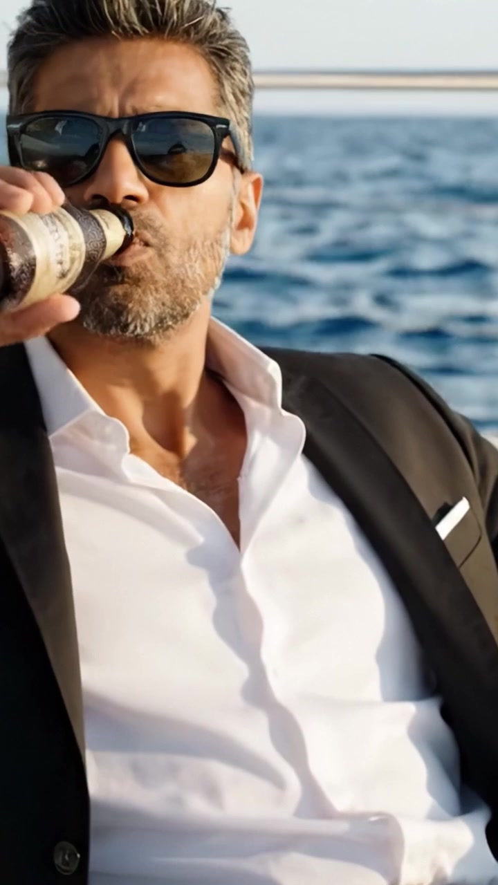 Un signore sofisticato che si gode un momento di svago su uno yacht, ritratto mentre sorseggia una bevanda fredda, incarnando relax ed eleganza di stile contro uno sfondo mozzafiato.