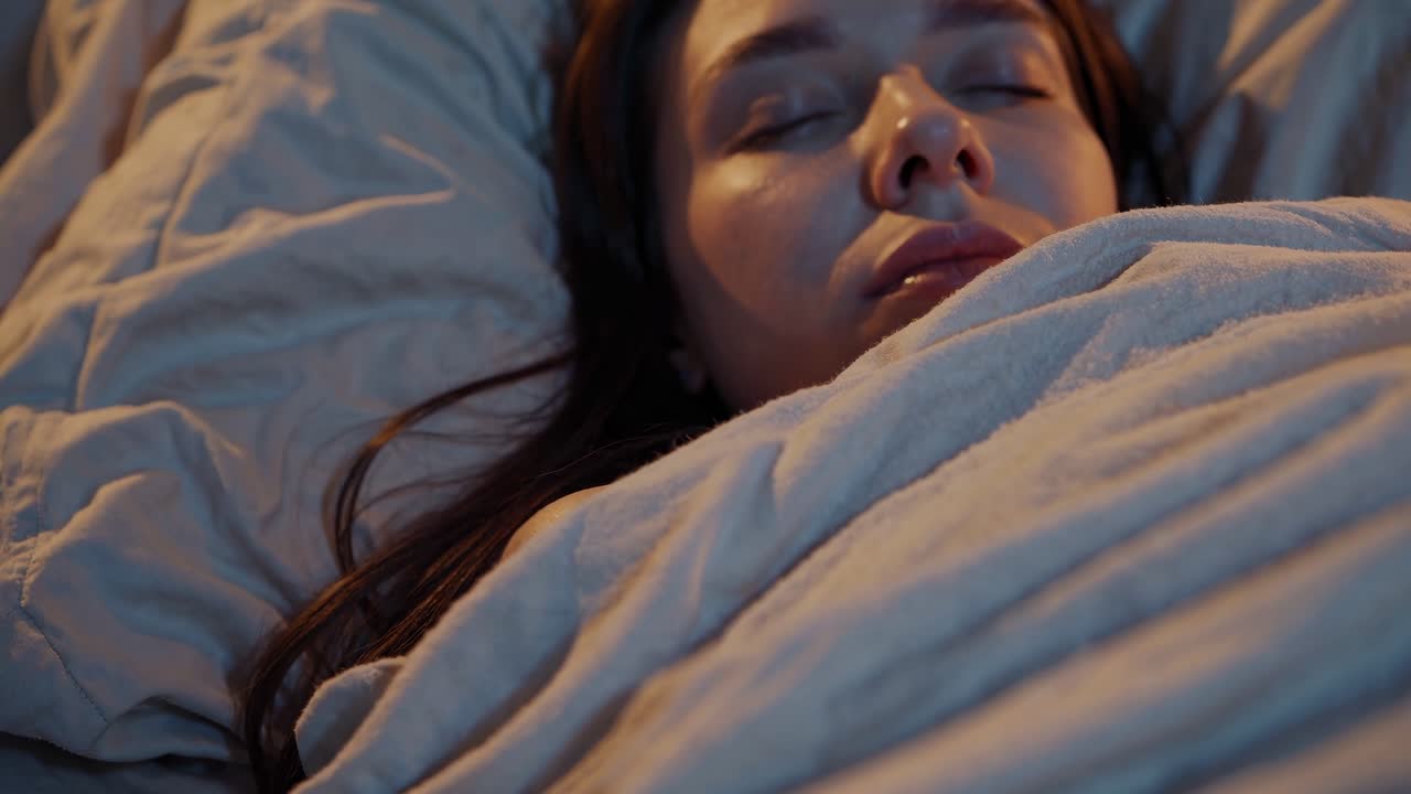 Close-up video shot of a woman sleeping peacefully under soft lighting, capturing a serene