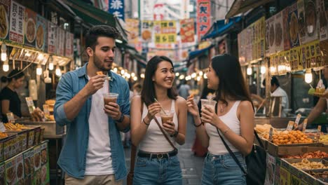 a joyful evening stroll through a bustling street market, where friends share laughter and delicious street food together