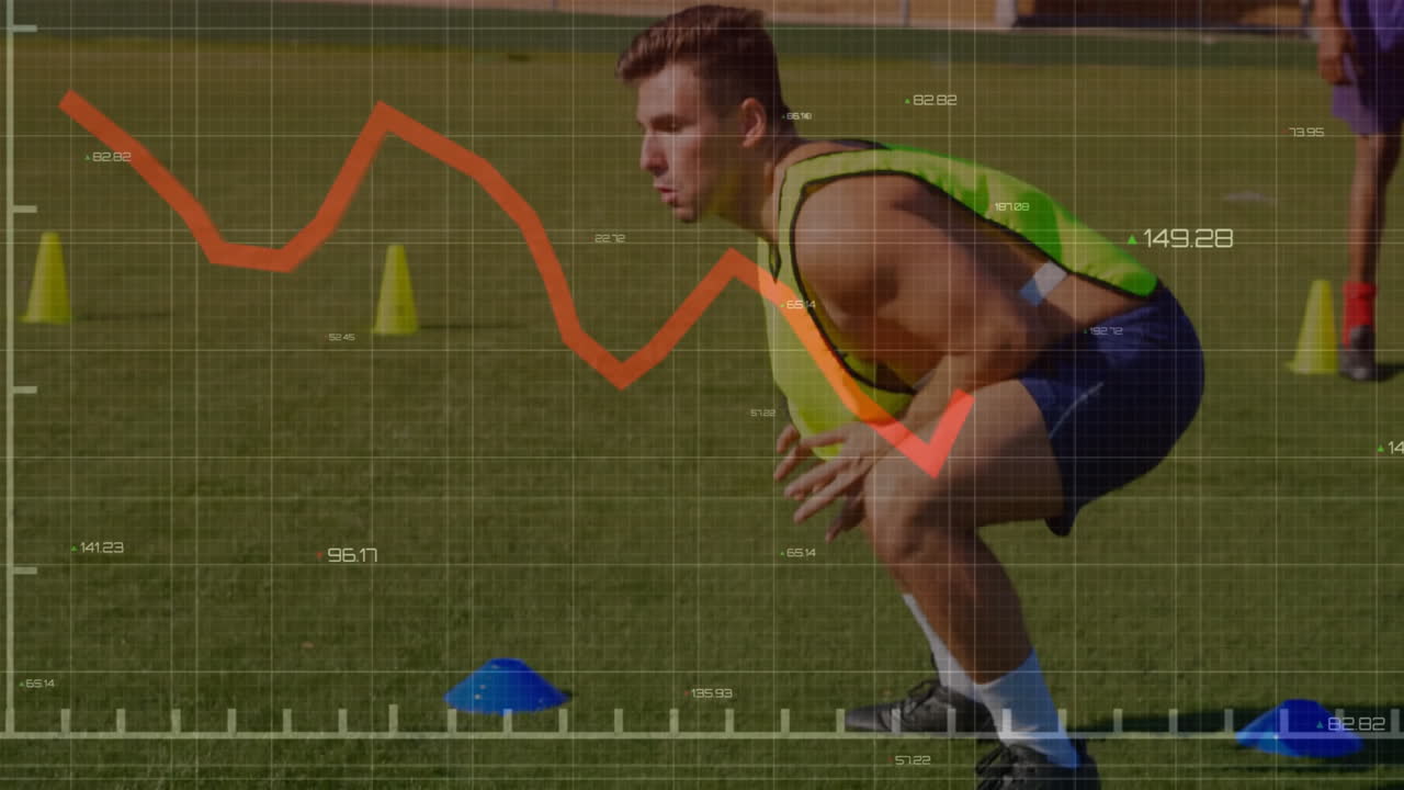 Training on field, athlete with performance data graph overlay in animation