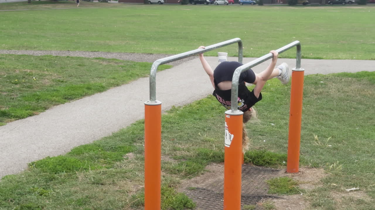 Little girl shows off her skills and energetic movements while exercising on the bars in a sunny park